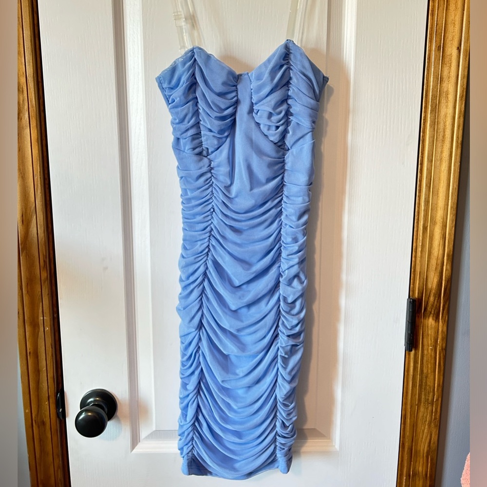 Fashion Nova ruched, light blue dress.